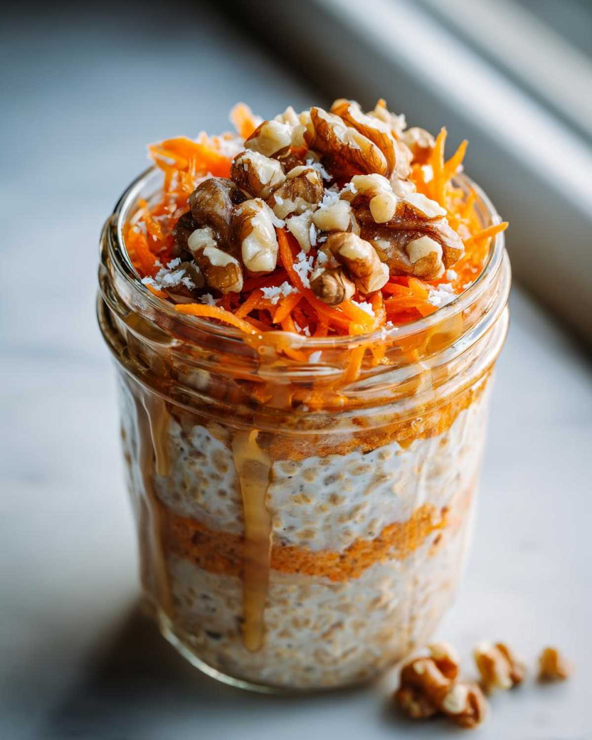 Close-up of carrot cake overnight oats in a jar, topped with shredded carrots, walnuts, and a drizzle of syrup.