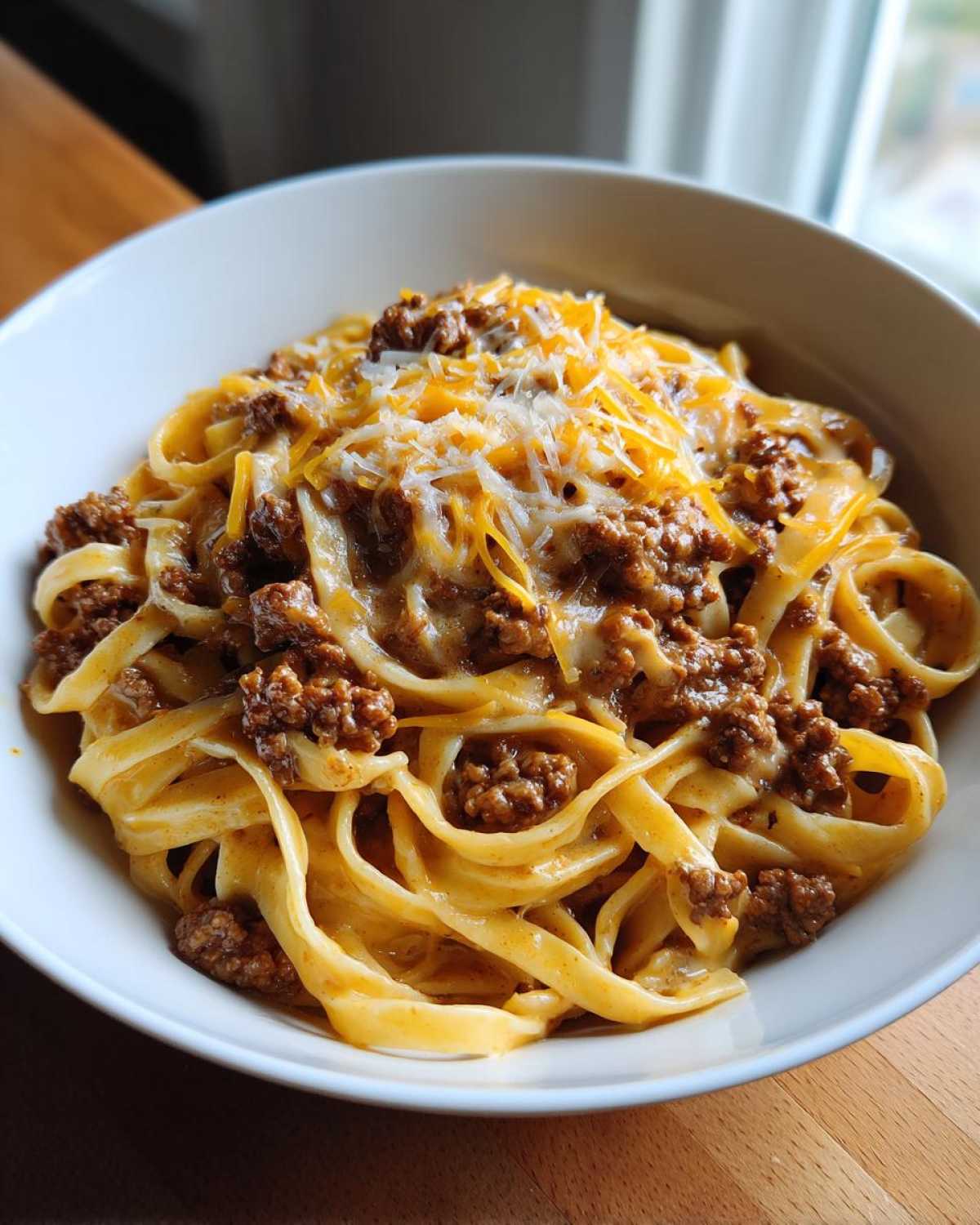 A bowl of creamy cheeseburger alfredo pasta topped with shredded cheese and seasoned ground beef.