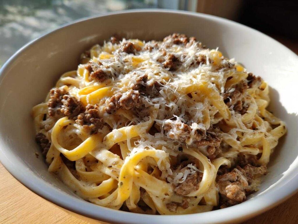 A bowl of creamy Cheeseburger Alfredo Pasta topped with seasoned ground beef and shredded Parmesan cheese.