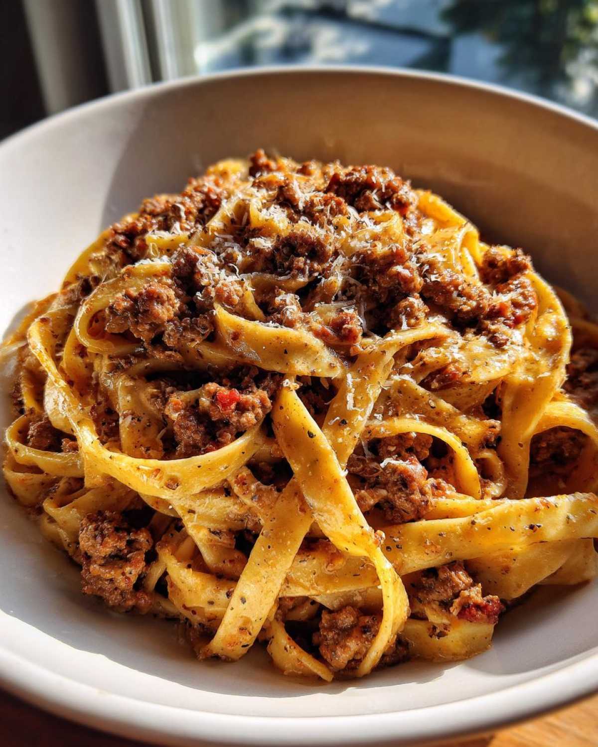 A close-up of a bowl of fettuccine pasta tossed with a rich meat sauce and topped with grated cheese, representing Cheeseburger Alfredo Pasta.