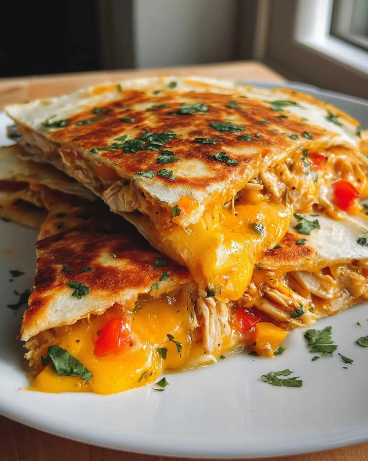 Close-up of a delicious chicken quesadilla, oozing with melted cheese and topped with fresh herbs.