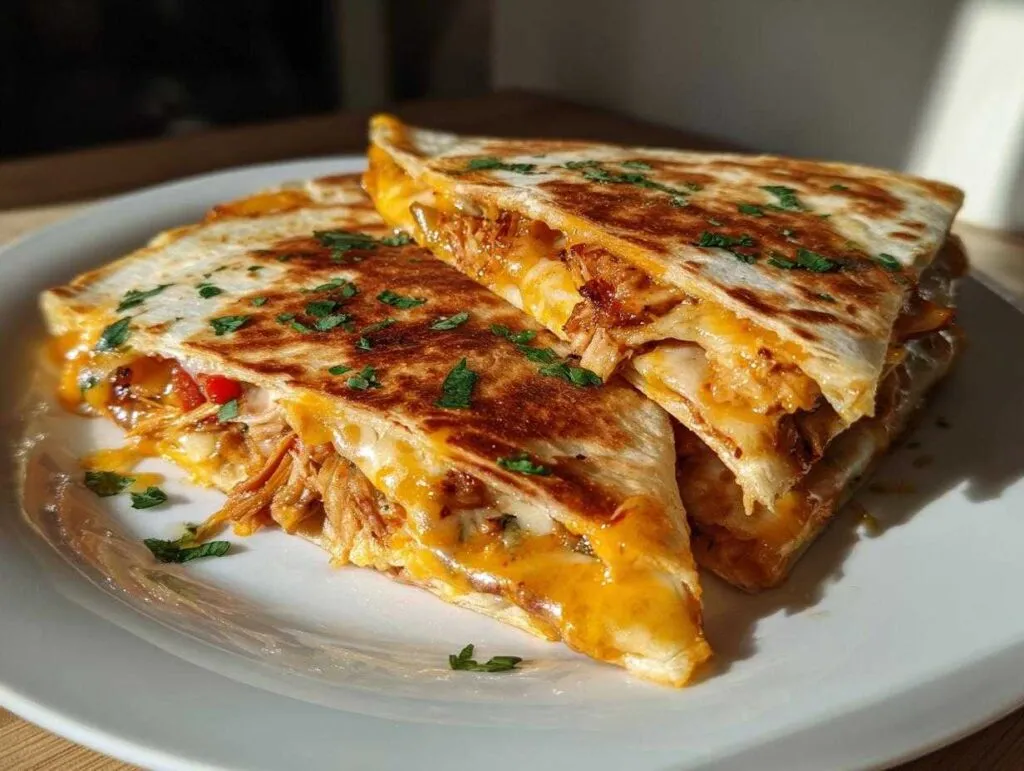 Close-up of two cheesy chicken quesadilla slices, garnished with chopped parsley, on a white plate.