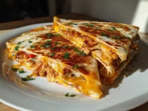 Close-up of two cheesy chicken quesadilla slices, garnished with chopped parsley, on a white plate.