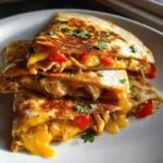 Close-up of a cheesy chicken quesadilla cut into wedges, filled with chicken and red peppers, garnished with parsley.