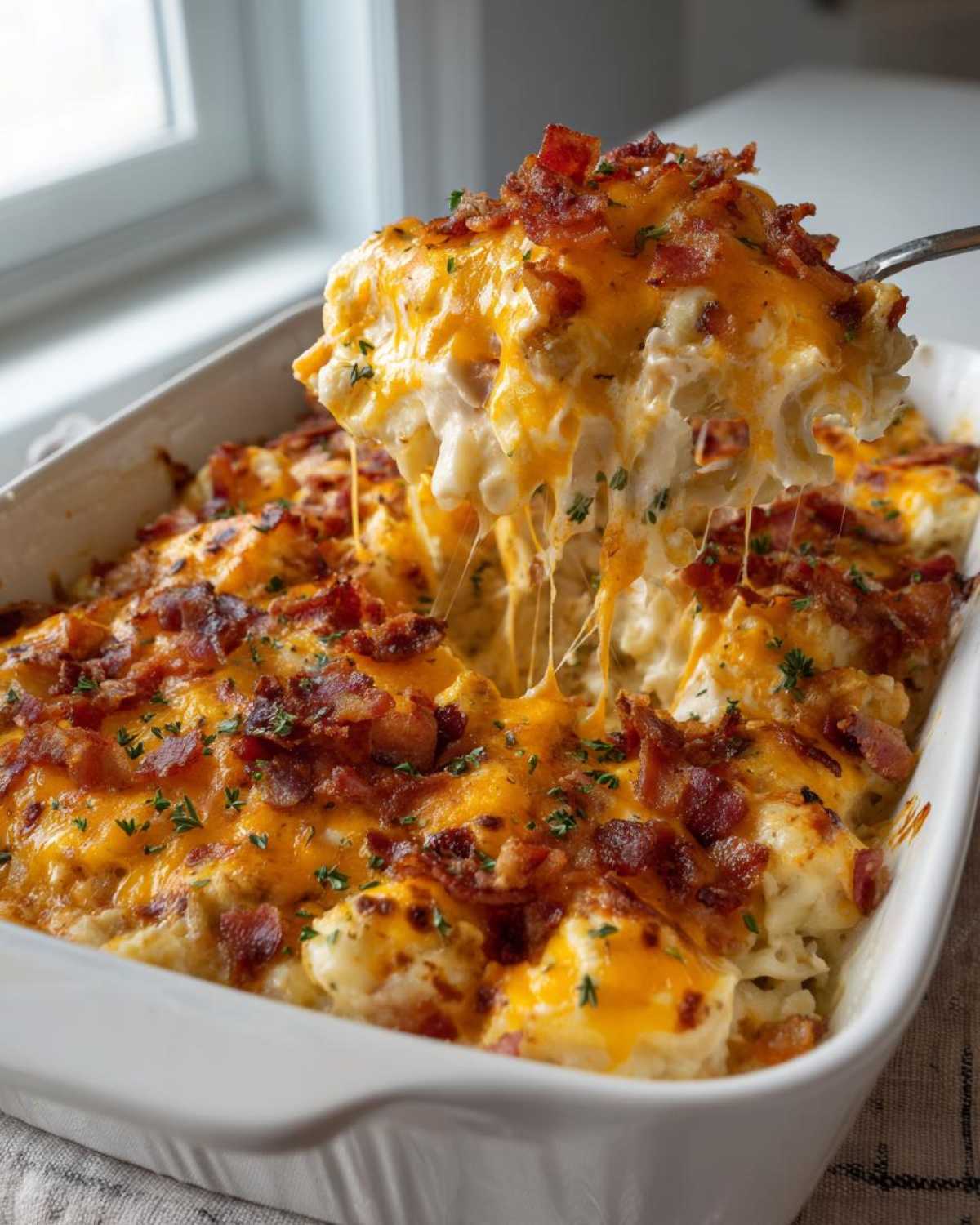 A scoop of cheesy chicken bacon ranch casserole being lifted from a white baking dish, topped with melted cheddar and crispy bacon.