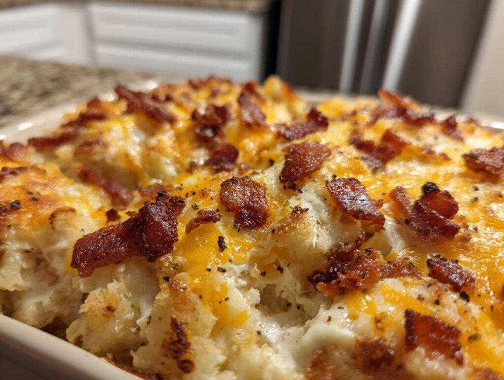 Close-up of a bubbling chicken bacon ranch casserole topped with melted cheddar cheese and crispy bacon bits.