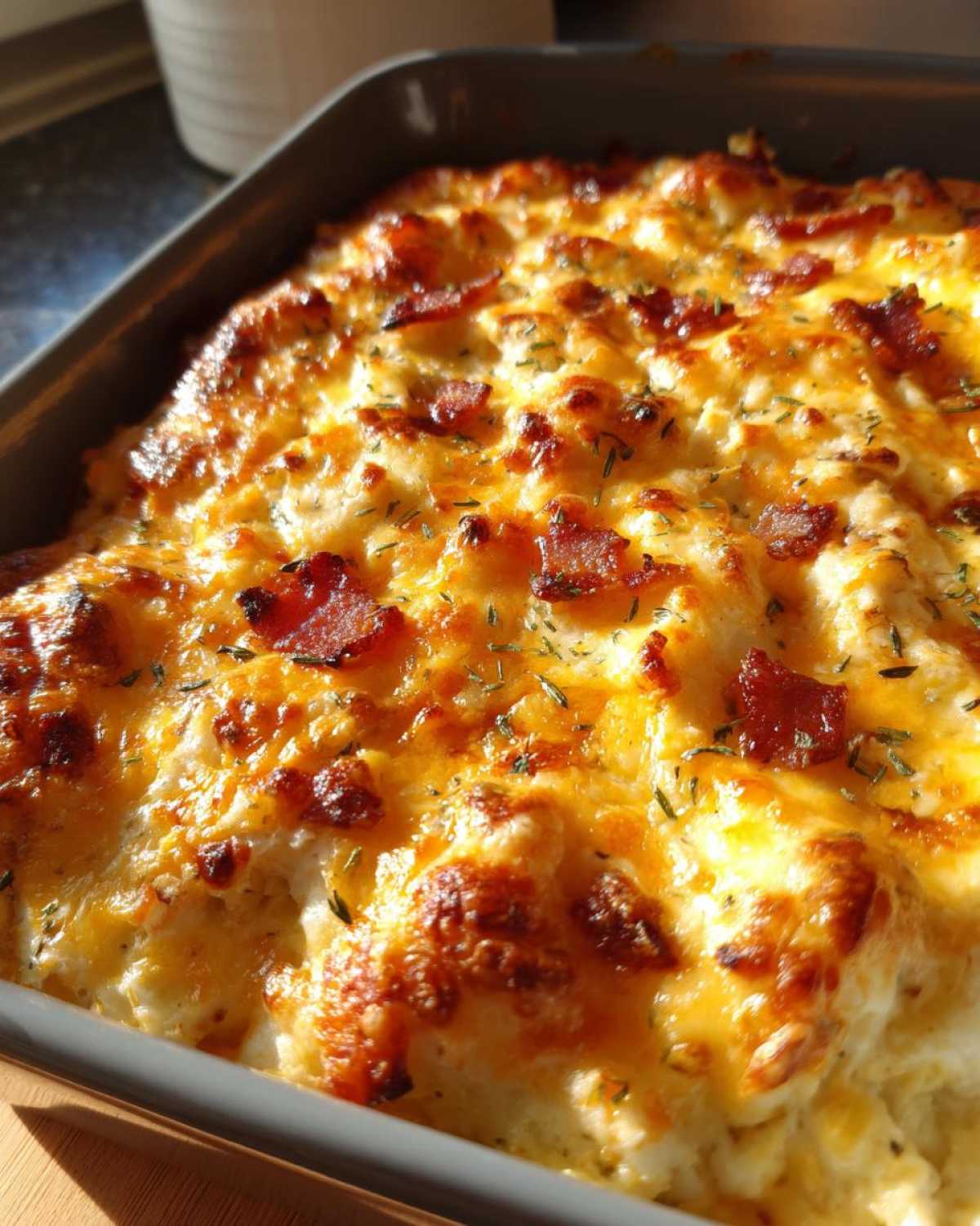 Close-up of a bubbling chicken bacon ranch casserole topped with melted cheese and crispy bacon bits.