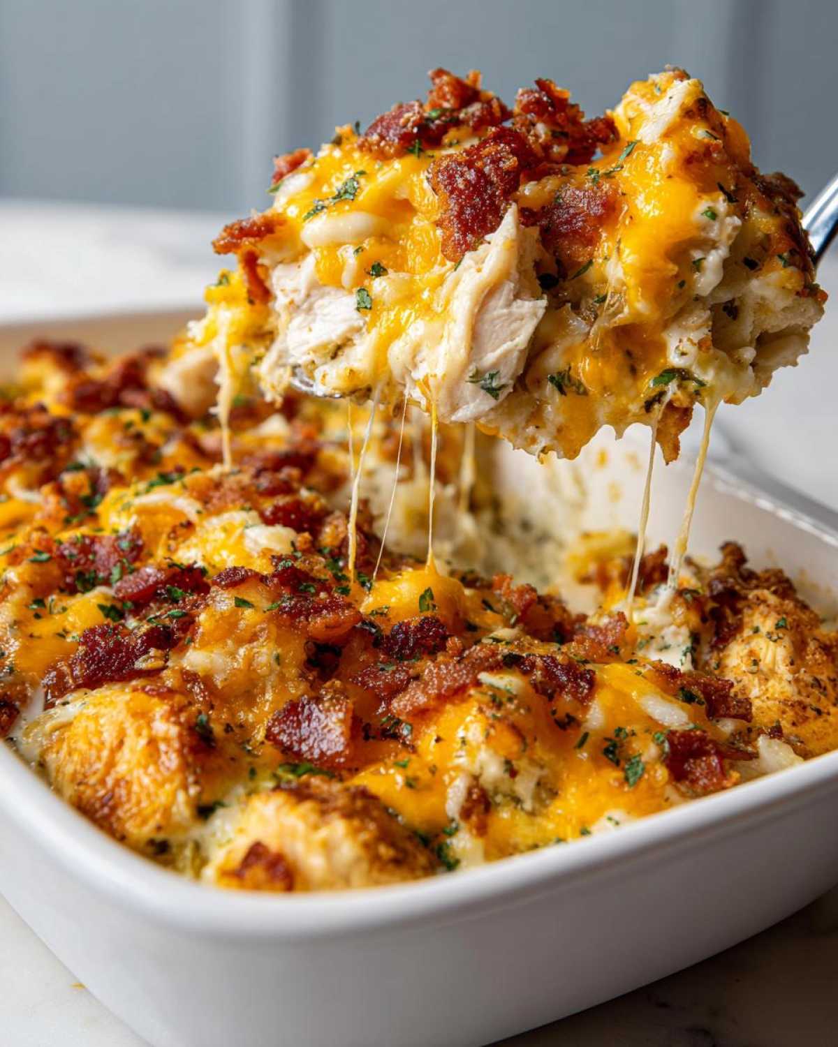 A spoonful of cheesy chicken bacon ranch casserole, with melted cheese strings and crispy bacon.