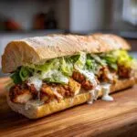 A delicious and crispy chicken caesar sandwich on a baguette with lettuce and creamy dressing.