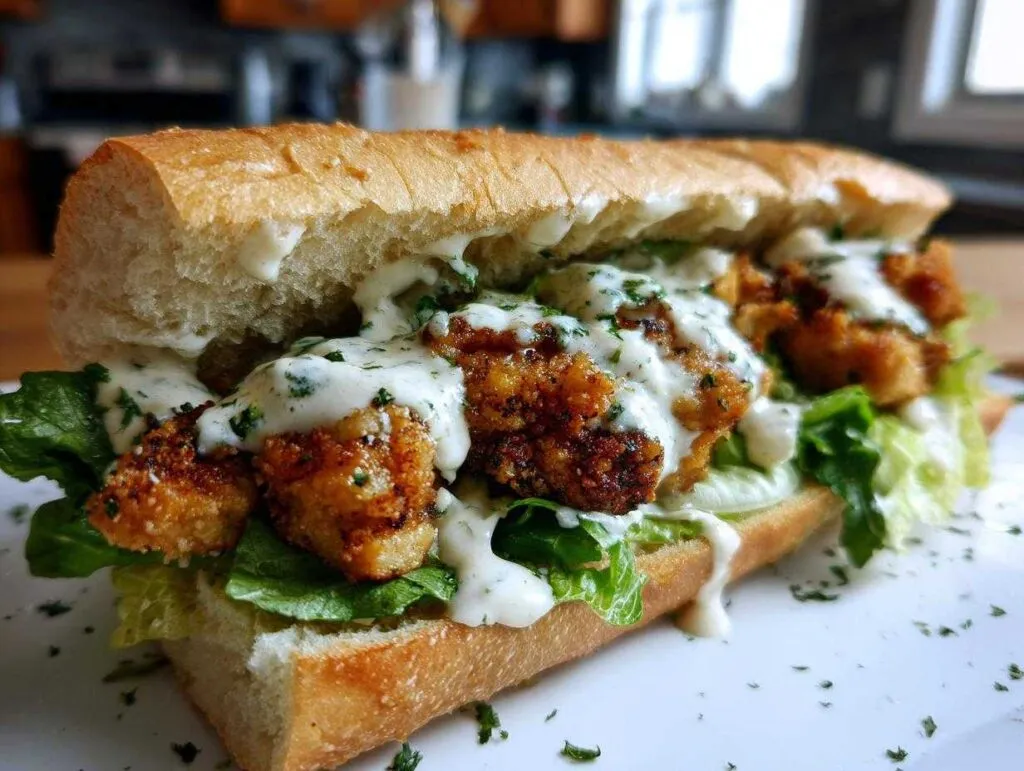 A close-up of a delicious chicken Caesar sandwich on a white plate, featuring crispy chicken, lettuce, and creamy Caesar dressing.