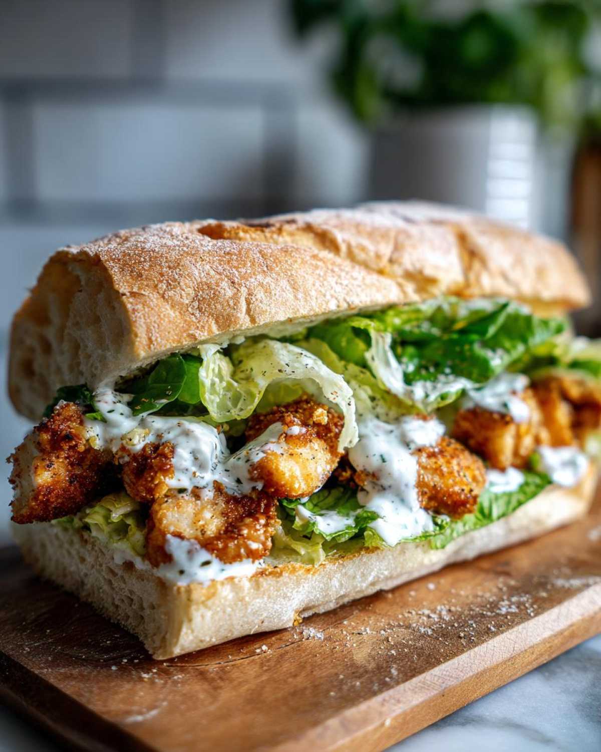 A delicious chicken caesar sandwich made with a crusty baguette, crispy chicken pieces, fresh lettuce, and creamy caesar dressing.