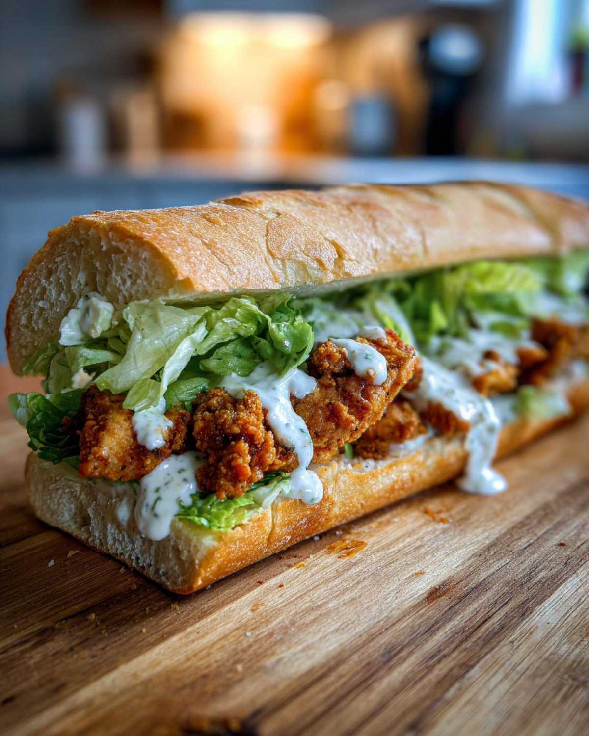 A delicious chicken caesar sandwich with crispy fried chicken, lettuce, and creamy dressing on a toasted baguette.
