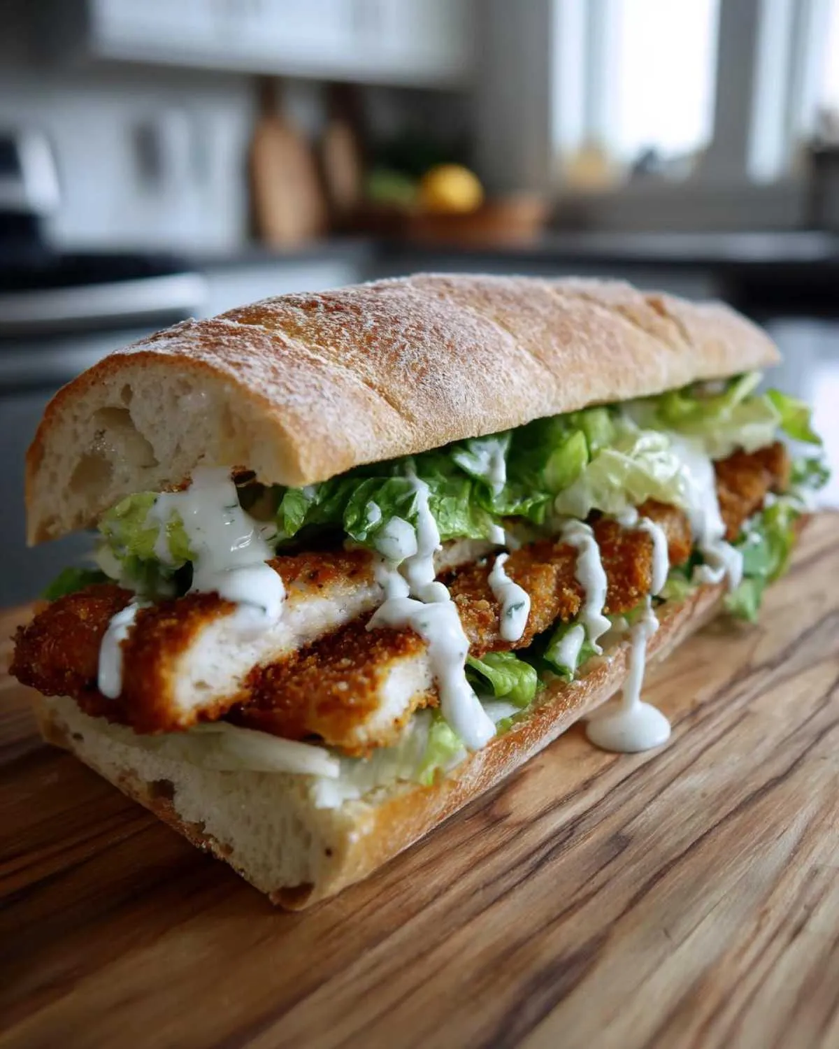 A delicious chicken Caesar sandwich on a crusty baguette, filled with crispy chicken, lettuce, and drizzled with Caesar dressing.