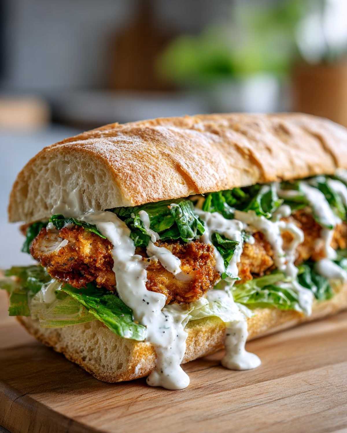 A delicious chicken caesar sandwich with crispy fried chicken, lettuce, and creamy caesar dressing on a baguette.