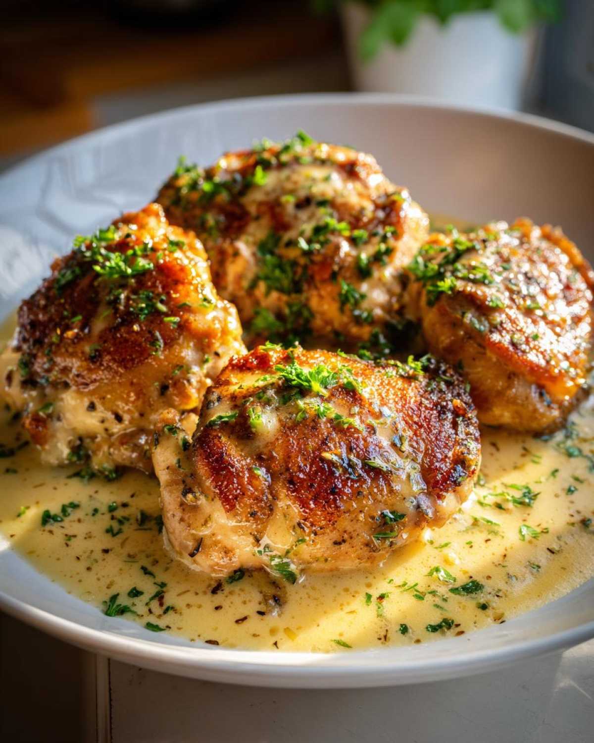 Four golden-brown pieces of chicken christopher in a creamy sauce, garnished with fresh parsley.