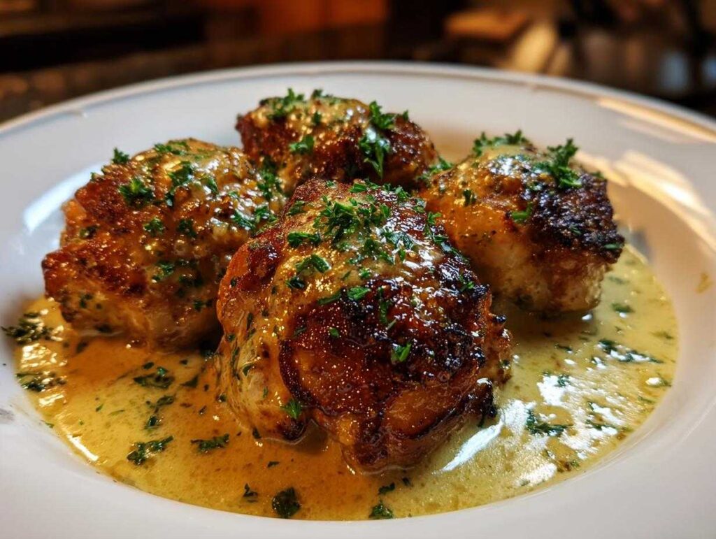 Four golden-brown pieces of chicken christopher served in a creamy sauce and garnished with fresh parsley.