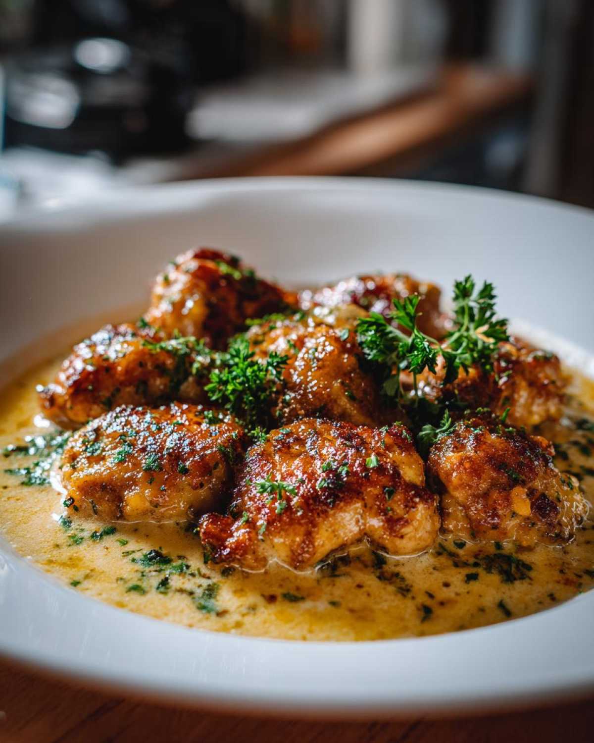 A close-up of golden-brown chicken pieces in a creamy sauce, garnished with fresh parsley. This is the Chicken Christopher.
