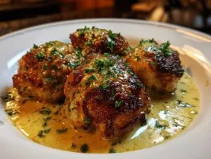 Four golden-brown pieces of chicken christopher served in a creamy sauce and garnished with fresh parsley.