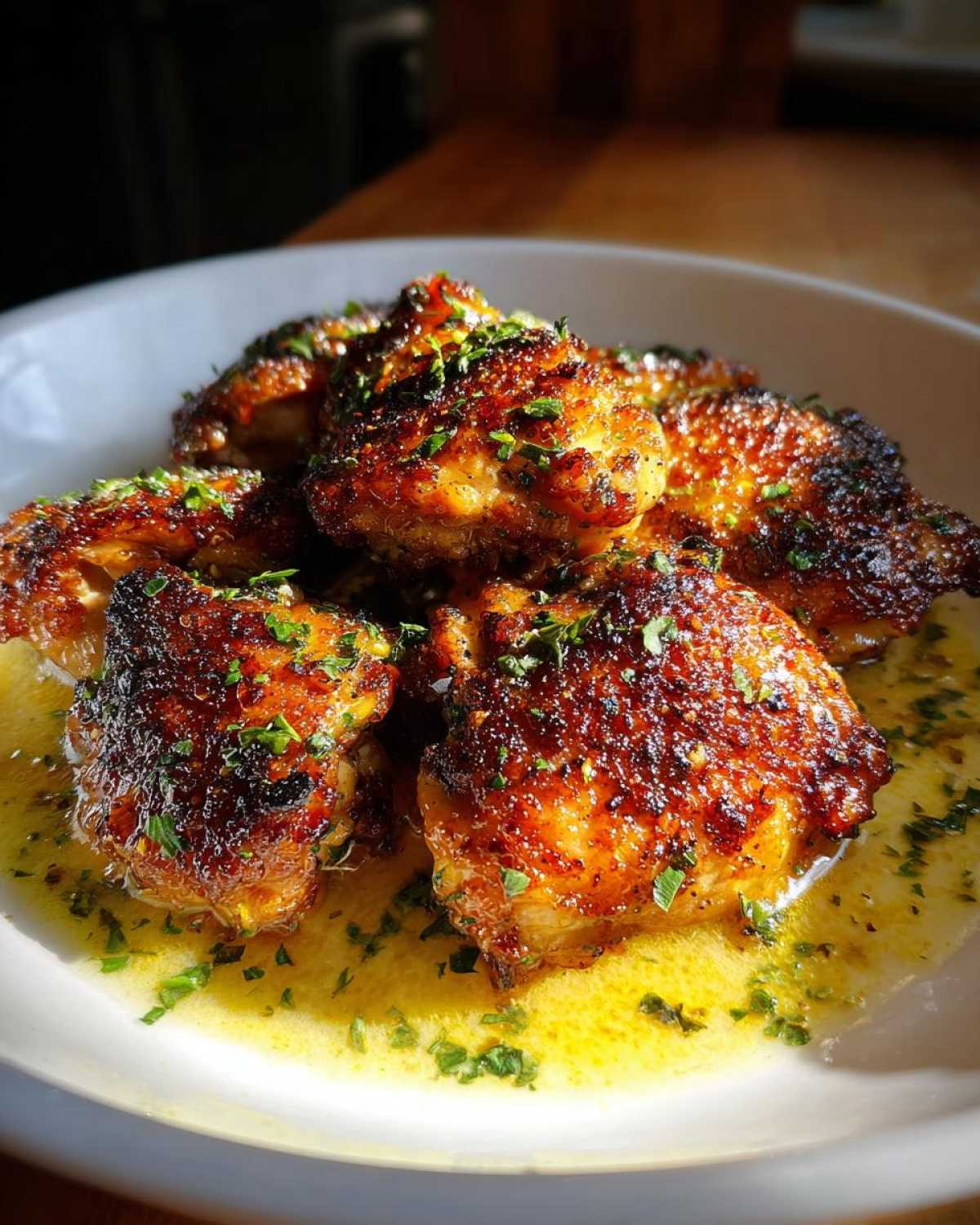 Close-up of crispy, golden-brown chicken Christopher pieces in a savory sauce, garnished with fresh parsley.