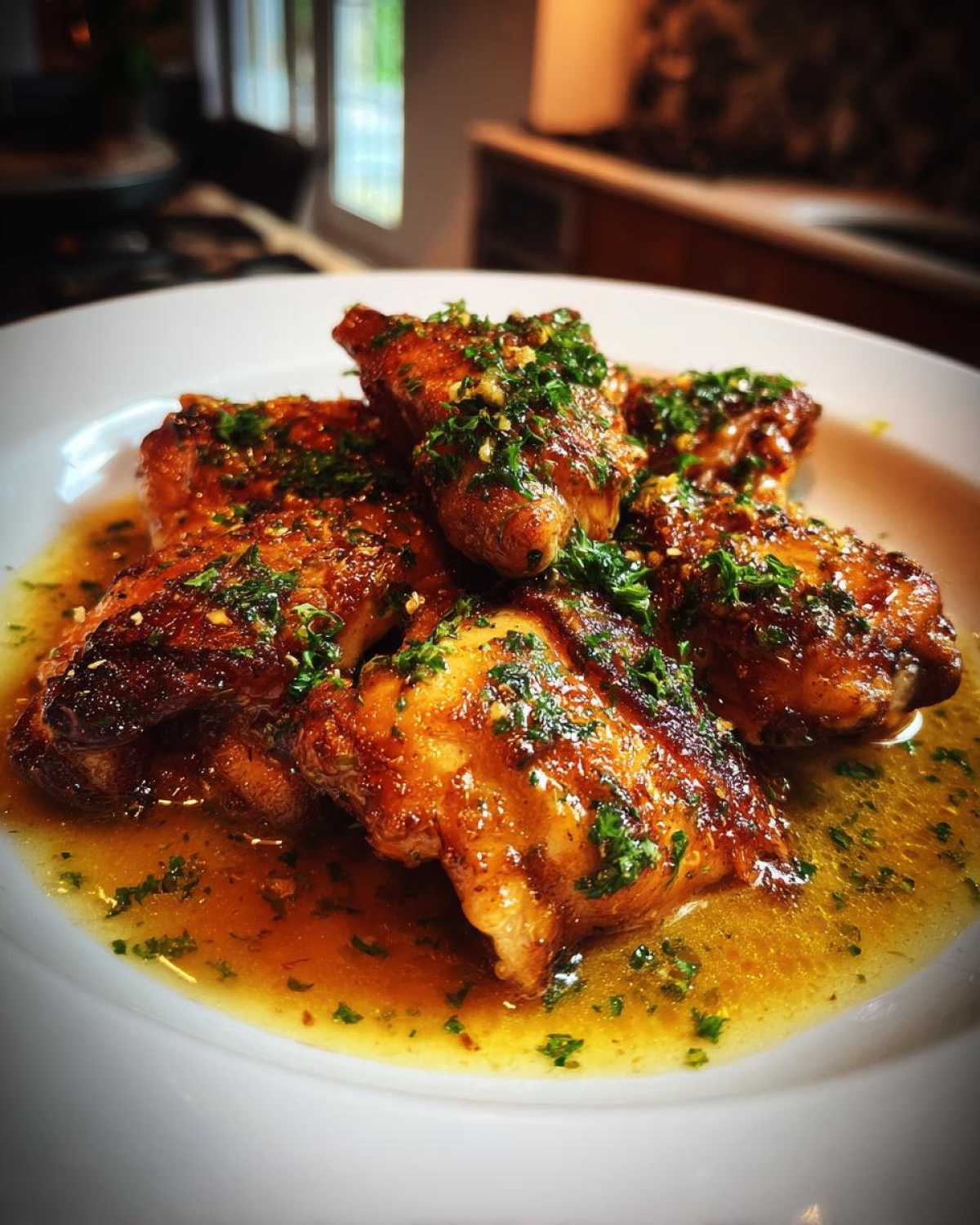 A plate of glistening Chicken Christopher wings, generously topped with fresh parsley and a savory sauce.
