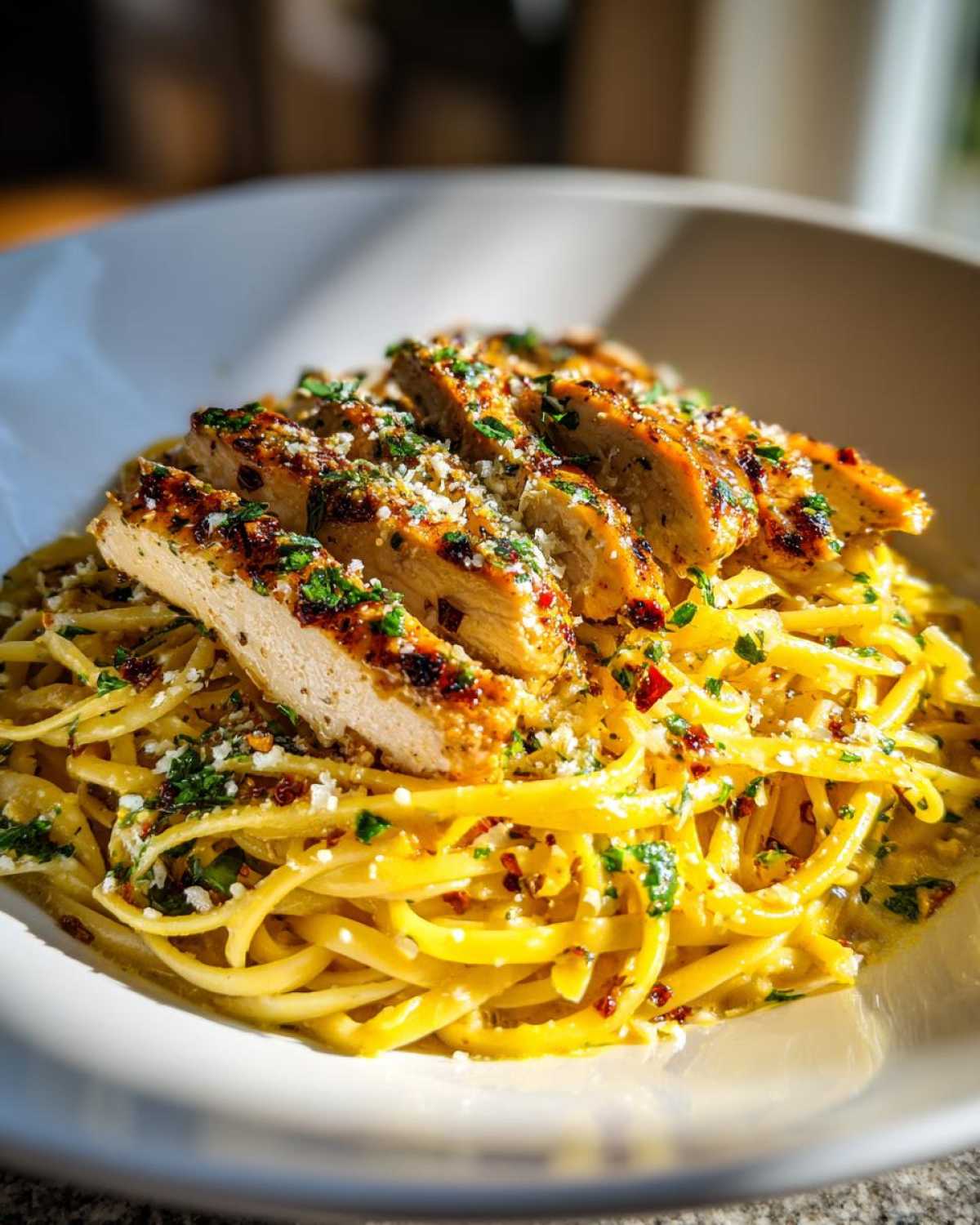 Close-up of sliced grilled chicken breast served over linguine pasta with cowboy butter sauce, garnished with parsley and cheese.