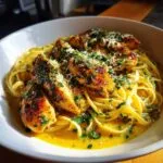 A close-up of chicken linguine with cowboy butter, featuring sliced grilled chicken breast over linguine pasta in a creamy sauce, garnished with parsley and Parmesan.