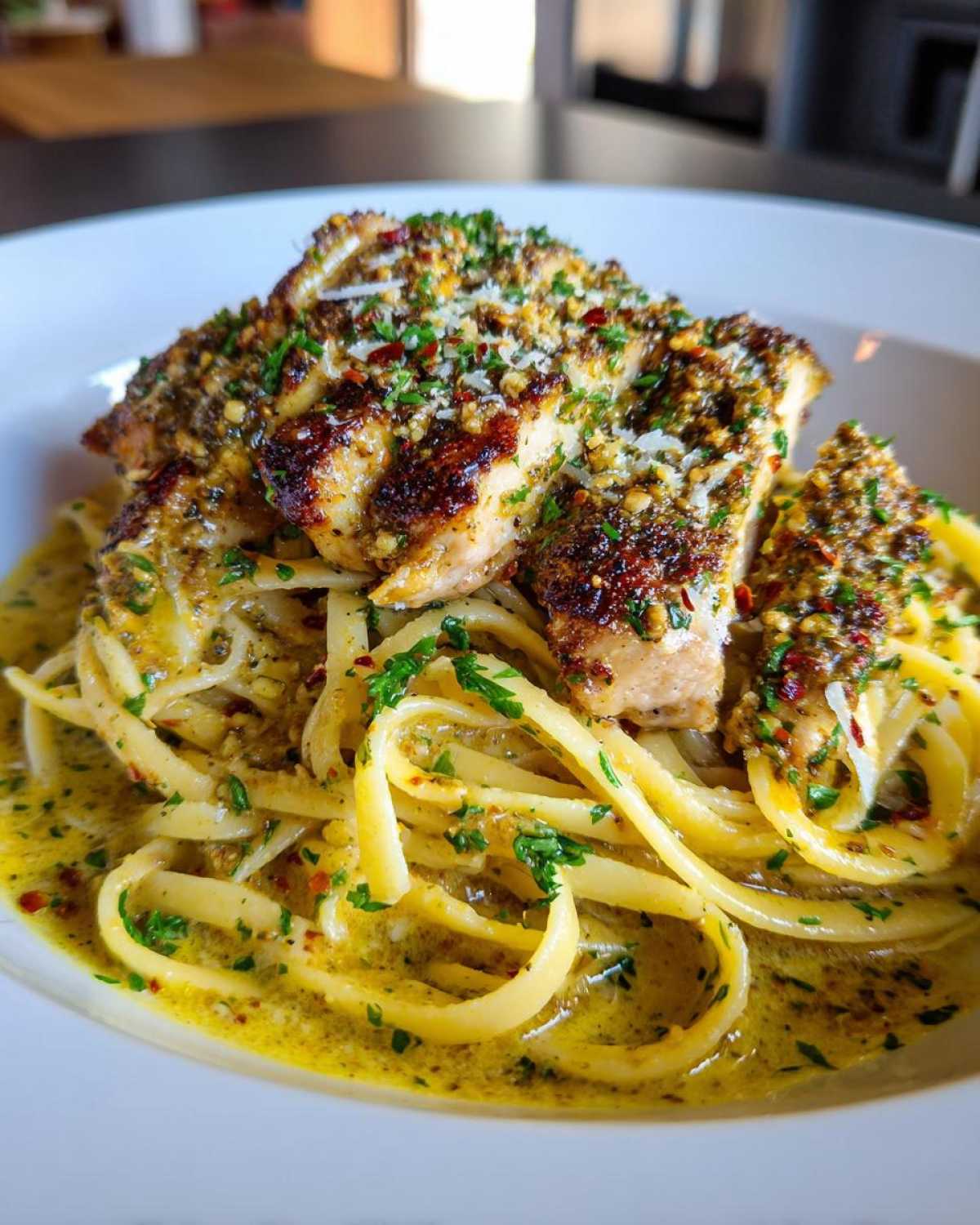 Close-up of chicken linguine with cowboy butter, featuring tender chicken slices and linguine pasta in a creamy sauce.