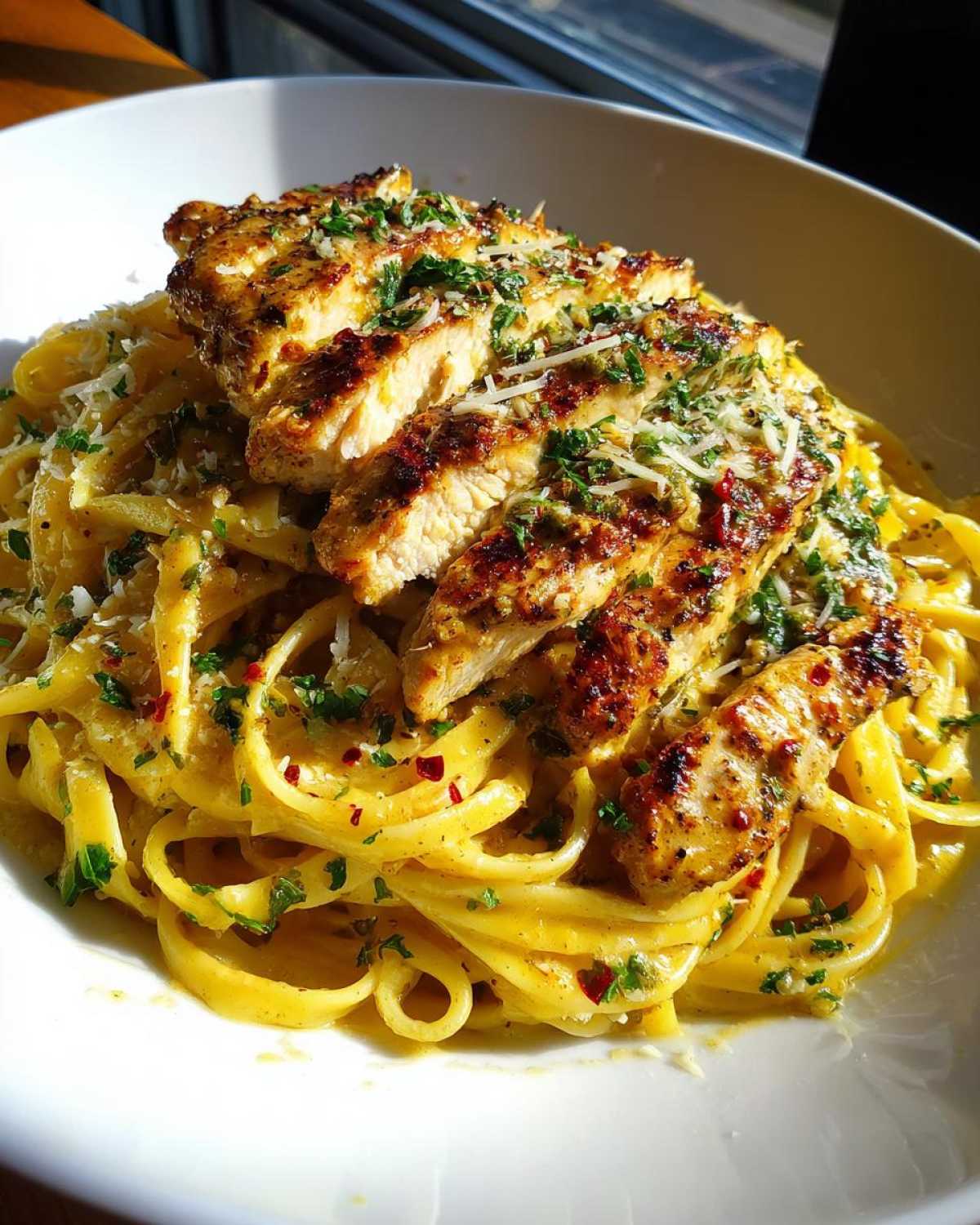 A close-up of chicken linguine with cowboy butter, topped with sliced grilled chicken and fresh parsley.