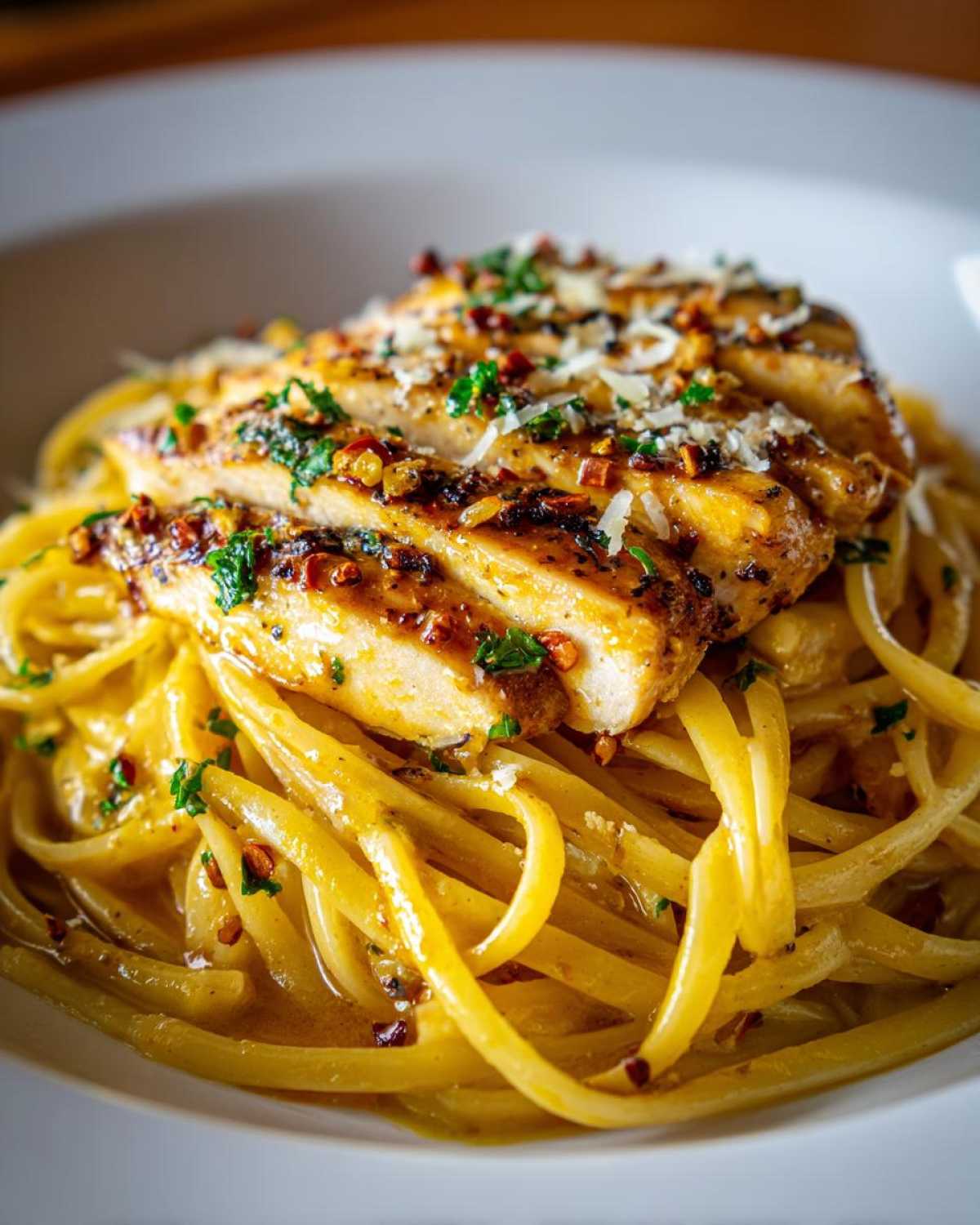 A close-up of chicken linguine with cowboy butter, topped with sliced grilled chicken, herbs, and parmesan.