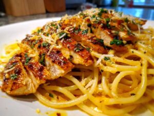 Close-up of sliced chicken linguine with cowboy butter, garnished with parsley and parmesan cheese.
