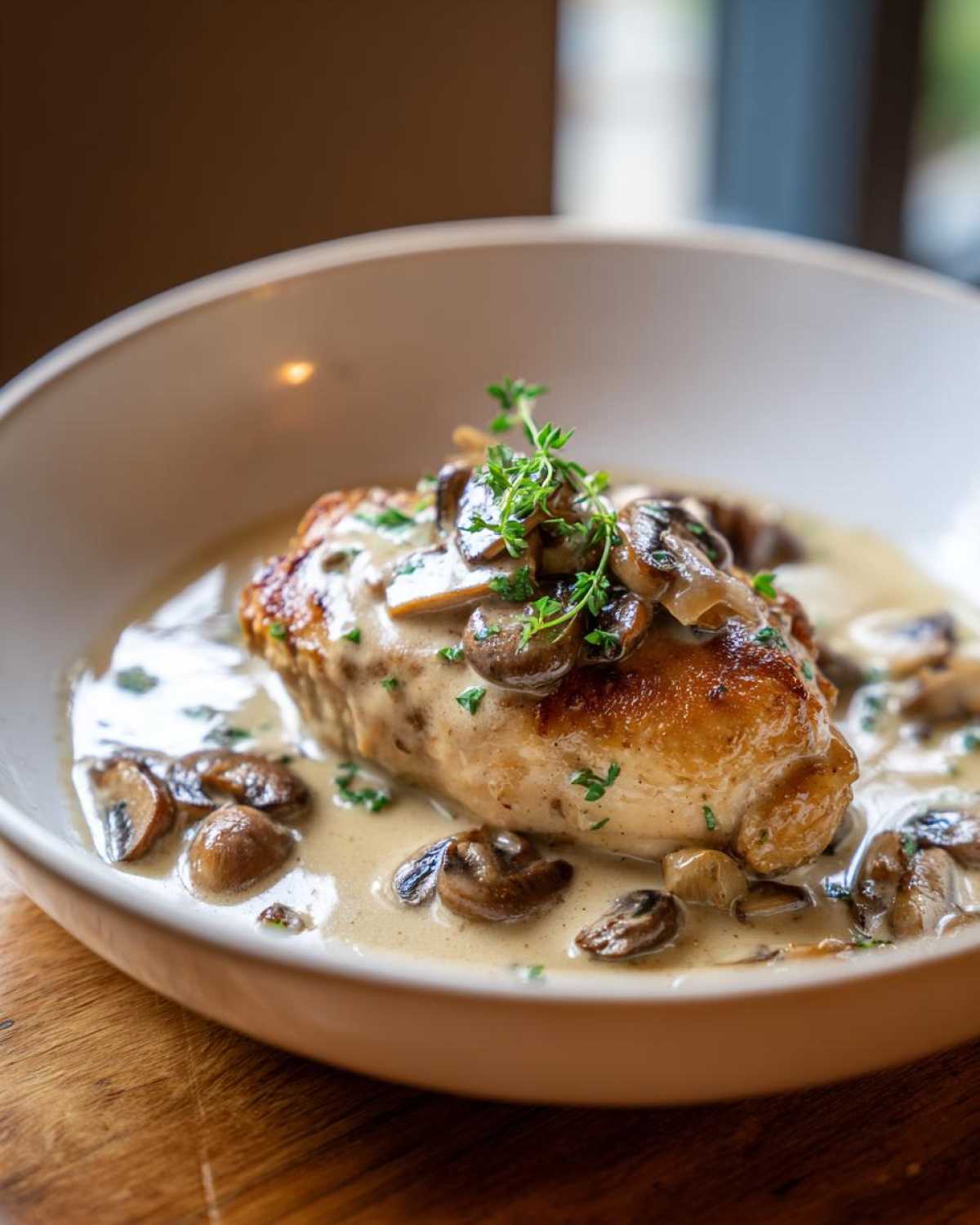 A perfectly cooked chicken breast topped with creamy Marsala sauce and sautéed mushrooms, garnished with fresh thyme.