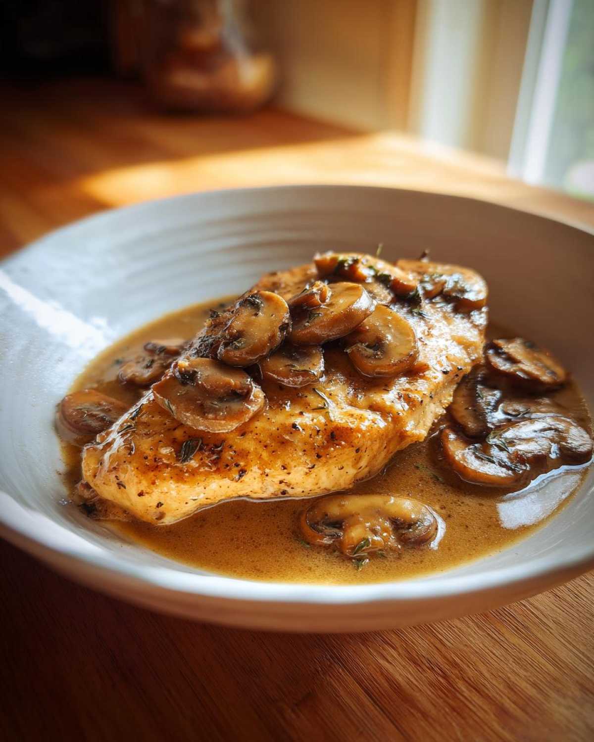 A close-up of a succulent chicken breast topped with sautéed mushrooms in a rich Marsala sauce.