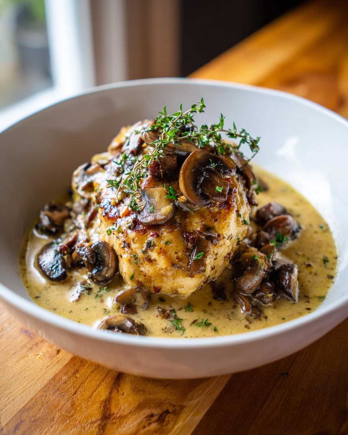 A close-up shot of a perfectly cooked chicken marsala breast topped with sautéed mushrooms and fresh thyme.