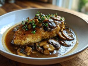 A close-up of a perfectly cooked chicken marsala dish, topped with sautéed mushrooms and fresh thyme.