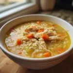 A close-up of a bowl of chicken rice soup, featuring shredded chicken, rice, and diced carrots.