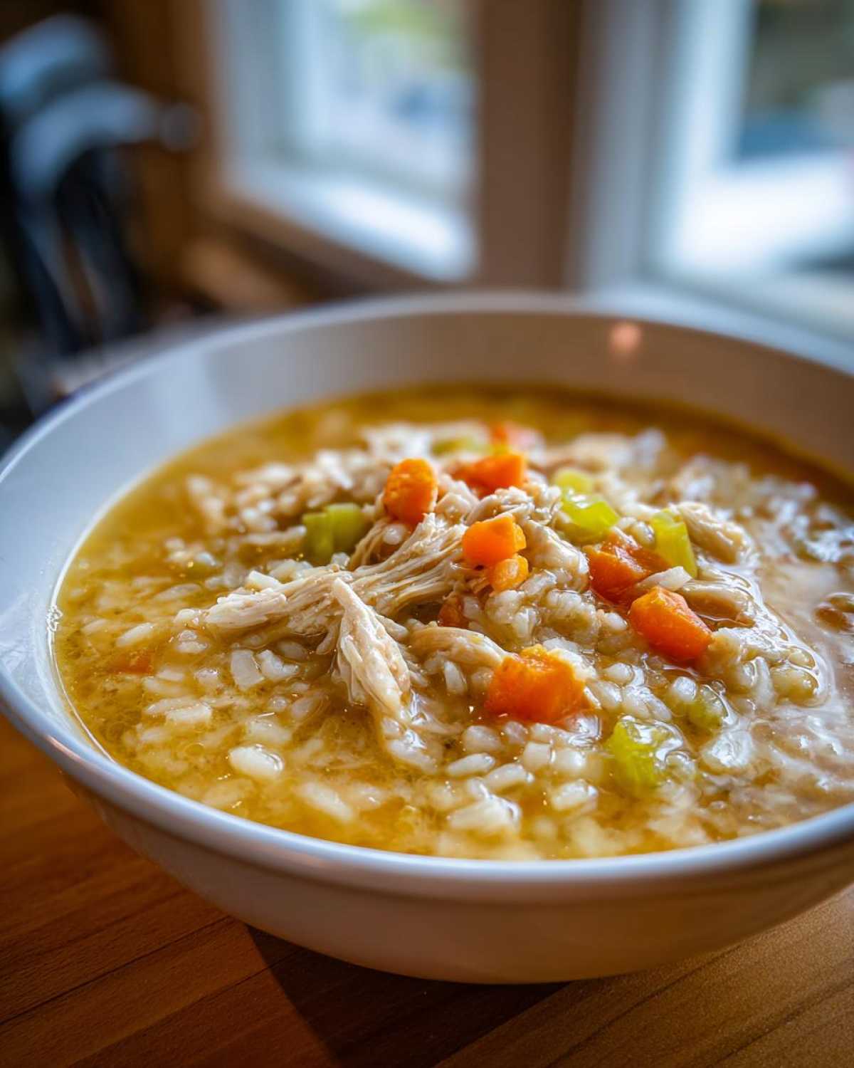 A close-up of a bowl of chicken rice soup, filled with shredded chicken, rice, carrots, and celery.