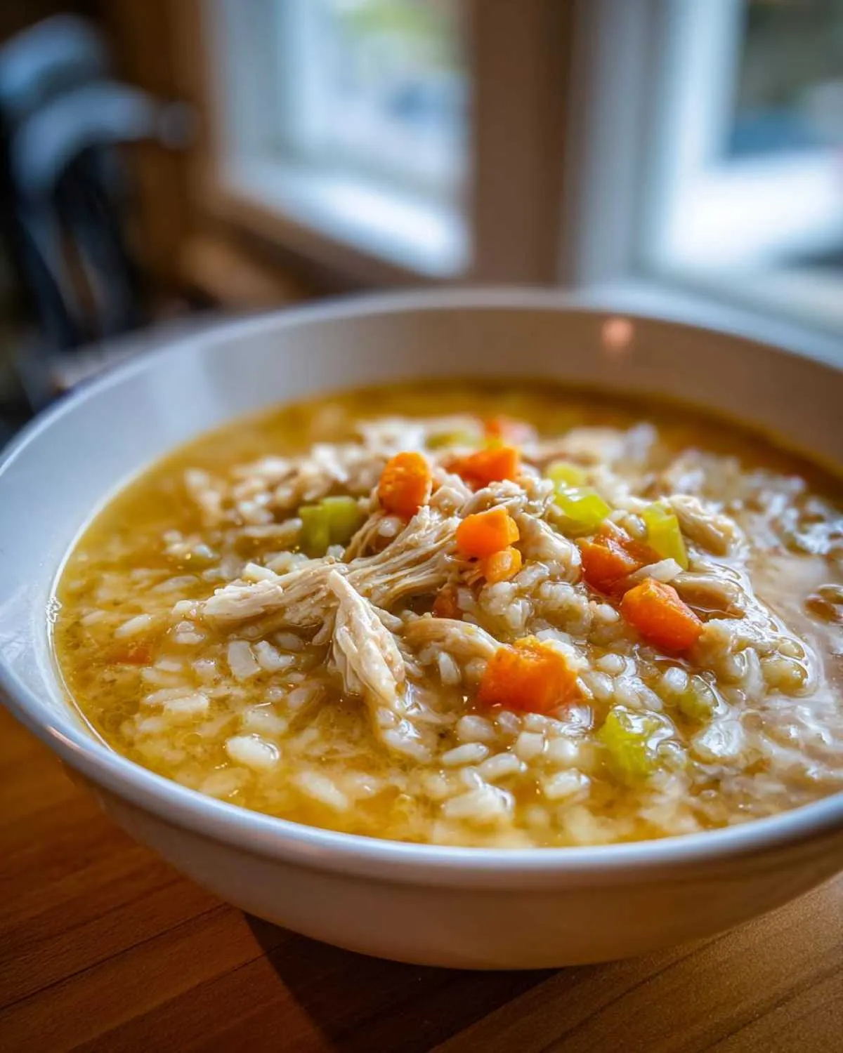 A close-up of a bowl of chicken rice soup, filled with shredded chicken, rice, carrots, and celery.