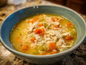 A close-up of a bowl of comforting chicken rice soup, filled with shredded chicken, rice, carrots, and celery.