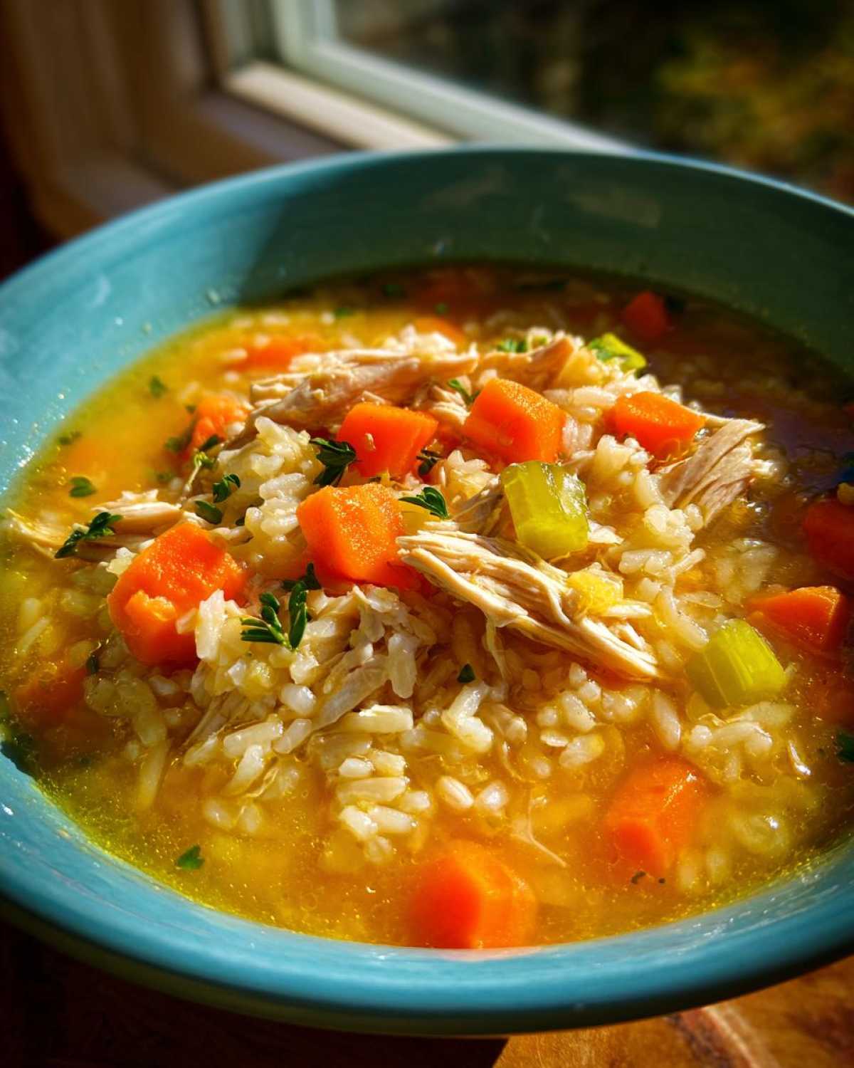 A close-up view of a steaming bowl of chicken rice soup, filled with shredded chicken, rice, carrots, and celery.