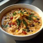 A close-up of a bowl of creamy Chilis Chicken Enchilada Soup, topped with tortilla strips and cilantro.