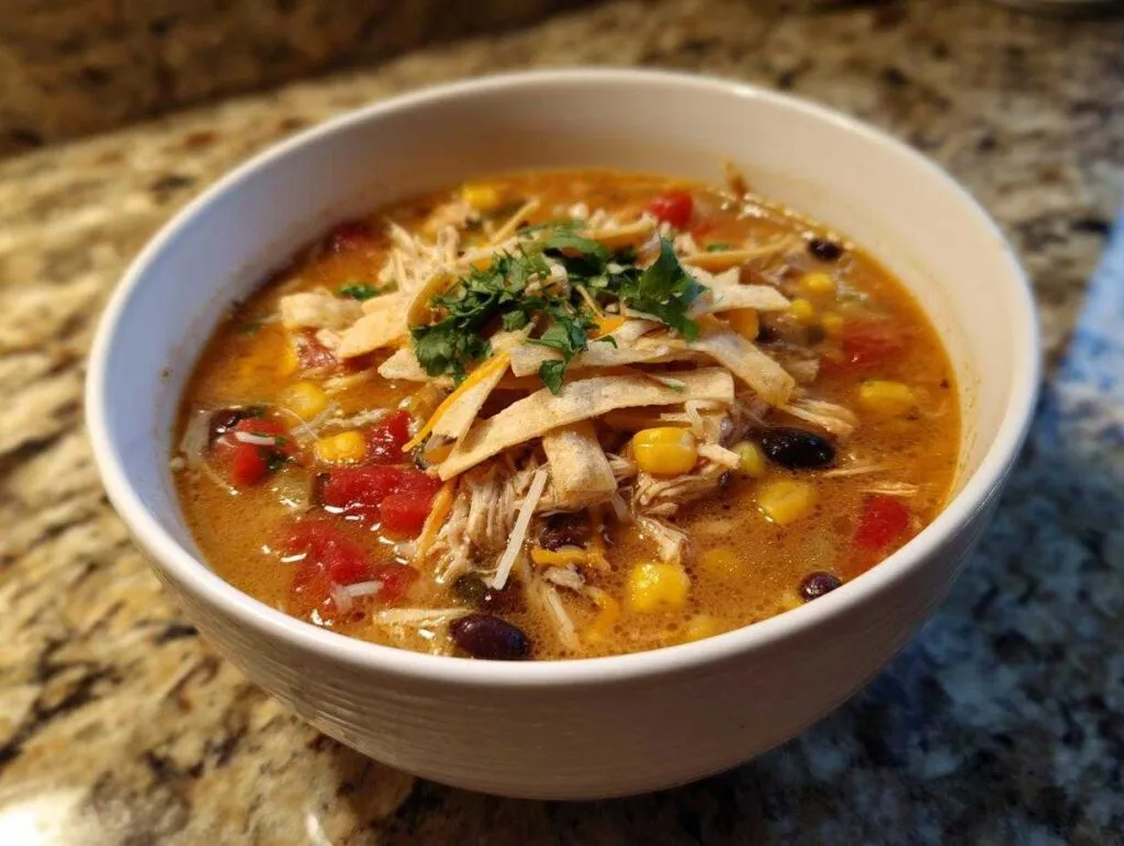 A close-up of a hearty bowl of creamy Chilis Chicken Enchilada Soup, topped with tortilla strips and cilantro.