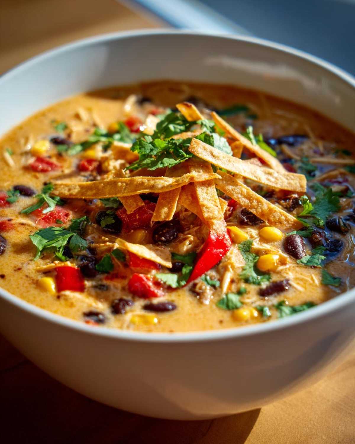 A close-up of a bowl of creamy Chilis Chicken Enchilada Soup, topped with tortilla strips and cilantro.