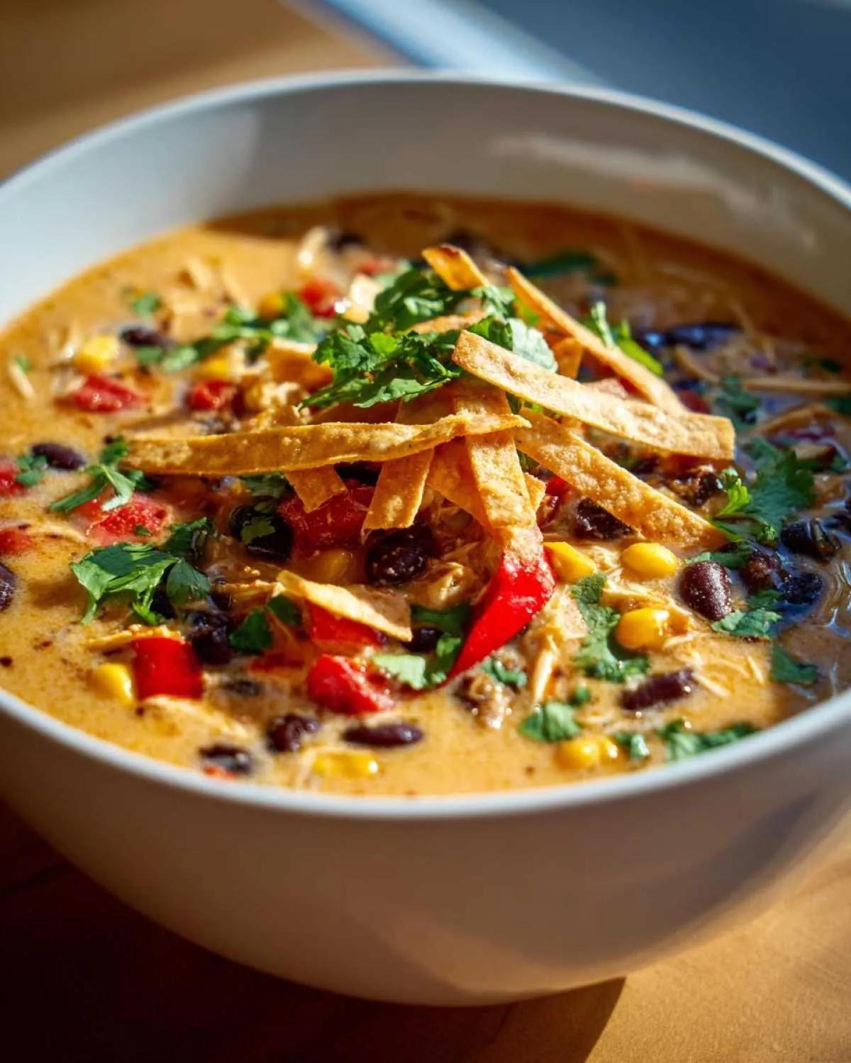 A close-up of a bowl of creamy Chilis Chicken Enchilada Soup topped with tortilla strips and cilantro.