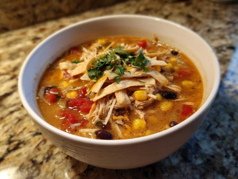 A close-up of a hearty bowl of creamy Chilis Chicken Enchilada Soup, topped with tortilla strips and cilantro.