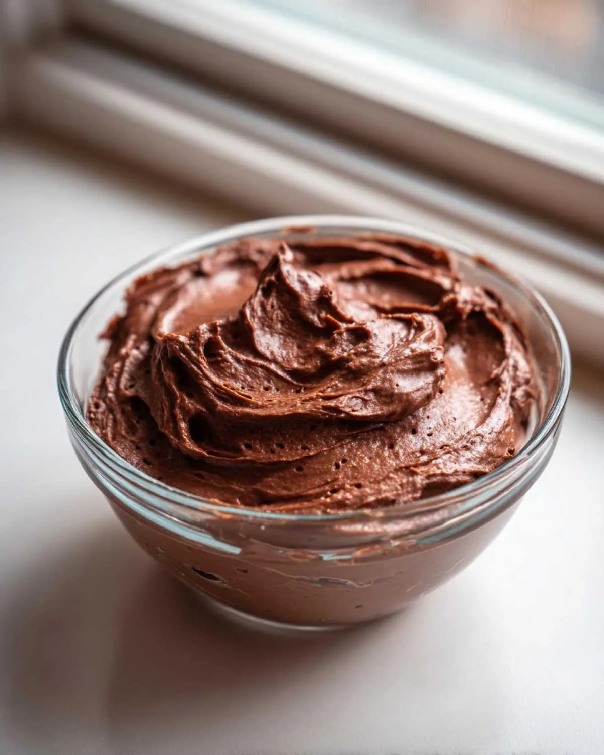 A close-up of fluffy chocolate buttercream frosting swirled in a glass bowl.
