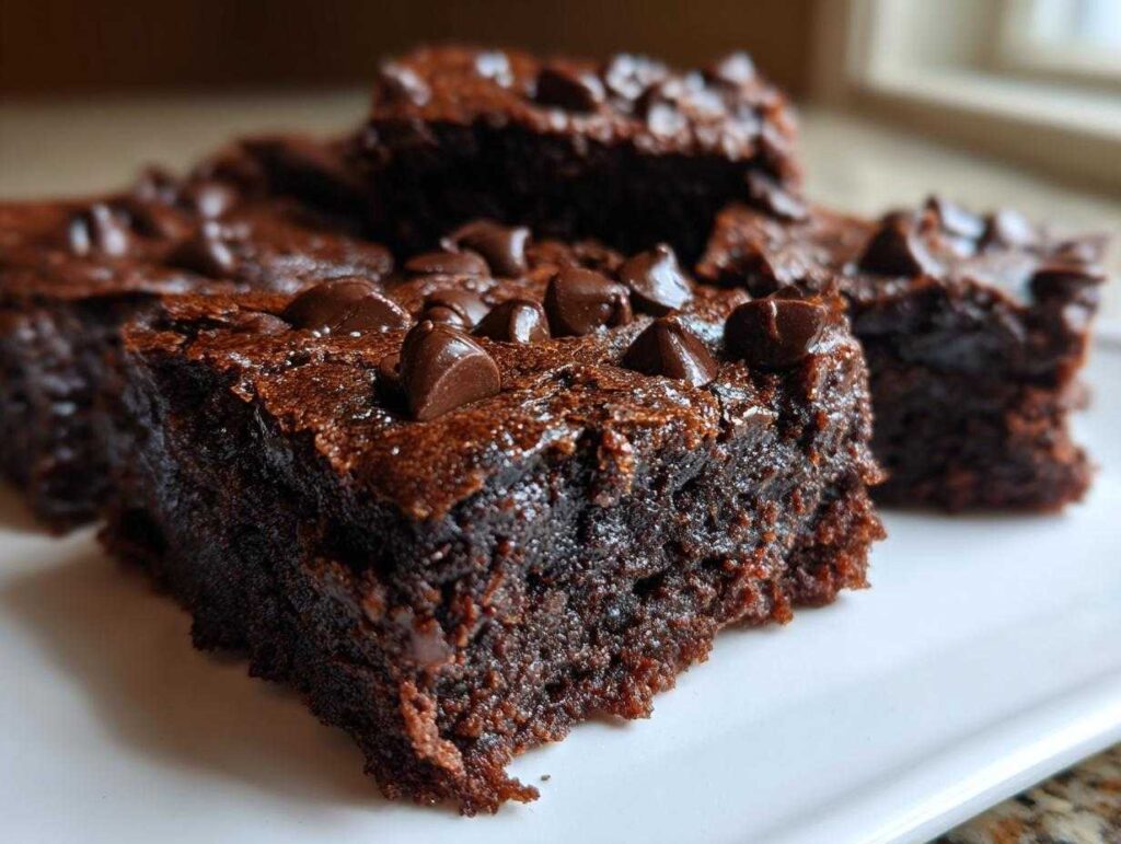 Close-up of fudgy chocolate zucchini brownies topped with chocolate chips on a white plate.