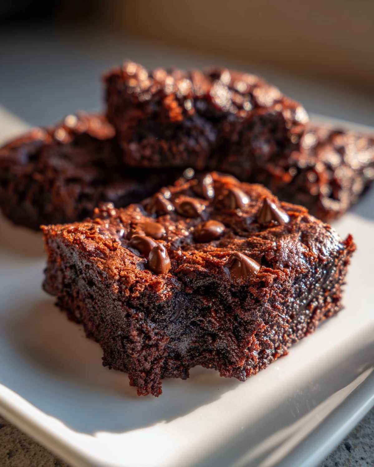 Close-up of fudgy chocolate zucchini brownies topped with melted chocolate chips on a white plate.