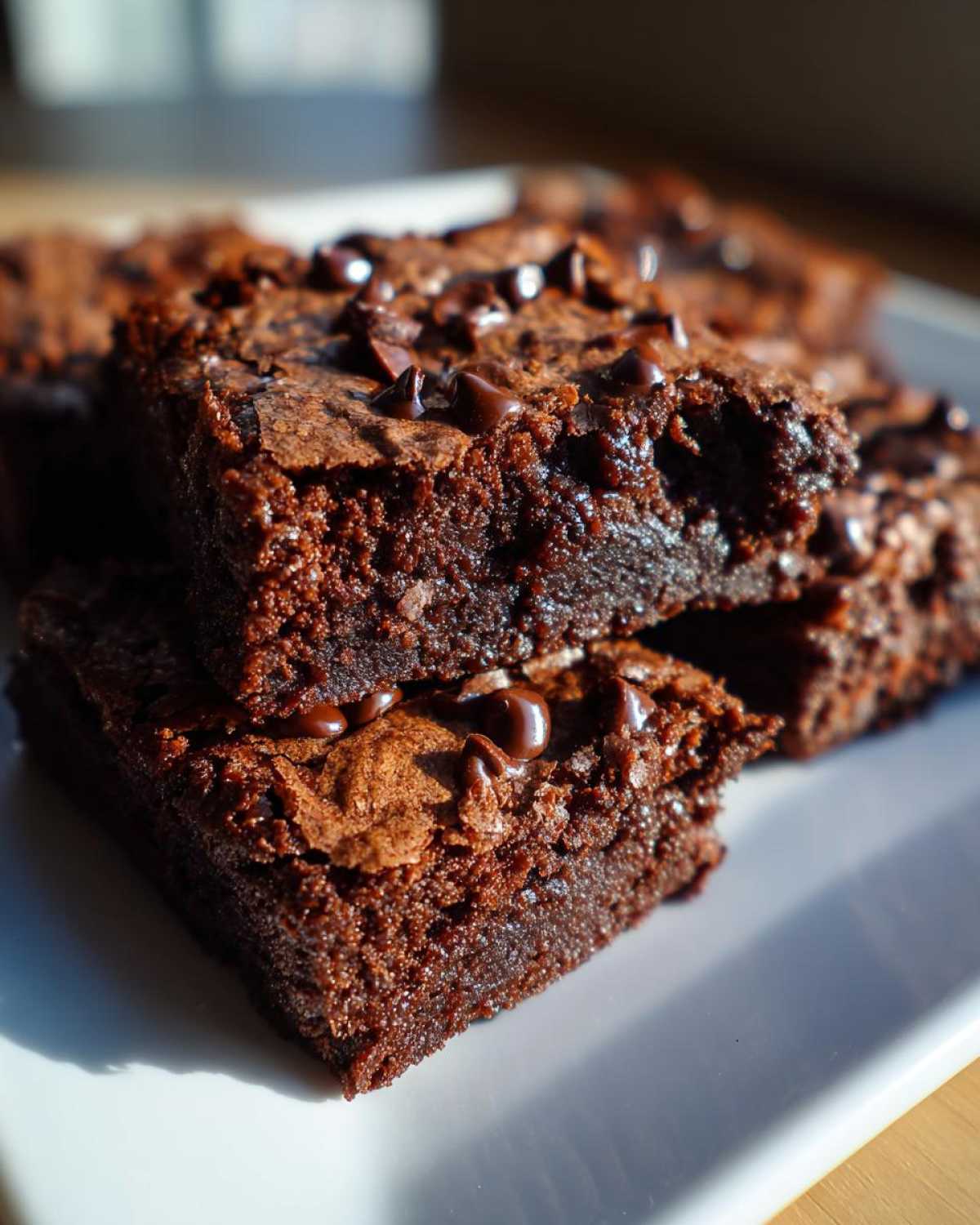 Close-up of fudgy chocolate zucchini brownies topped with melted chocolate chips on a white plate.