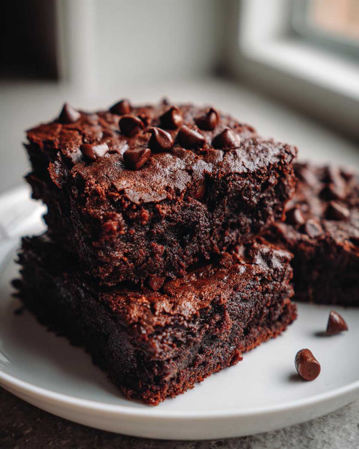 A stack of fudgy chocolate zucchini brownies topped with chocolate chips on a white plate.