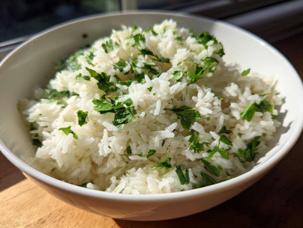A white bowl filled with fluffy cilantro lime rice, garnished with fresh chopped cilantro.